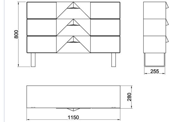 Размеры консольного столика из металла с тремя выдвижными ящиками (CA 02-1)