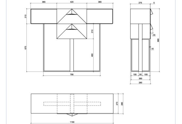 Размеры консольного столика из металла с двумя выдвижными ящиками (CA 02)