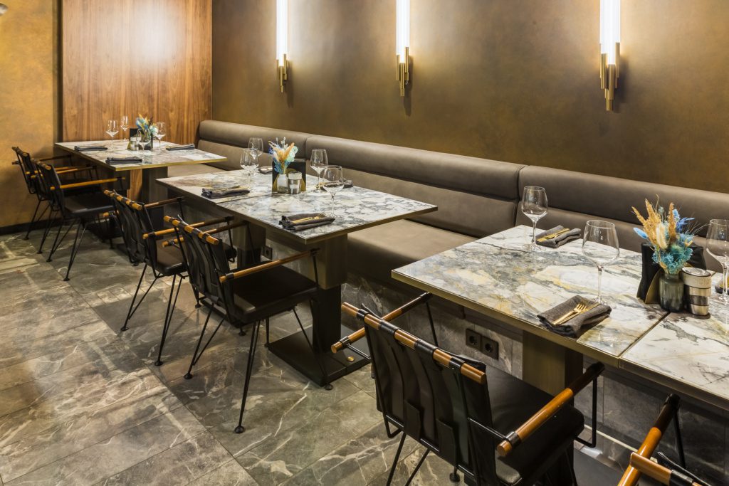 BRASS TRIMMED MARBLE TABLES FOR MOLLUSCA RESTAURANT